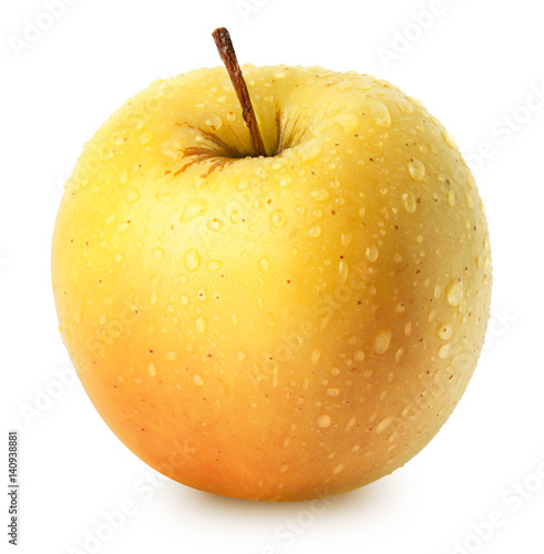 Isolated apple. Whole yellow (golden) apple fruit isolated on white, with clipping path