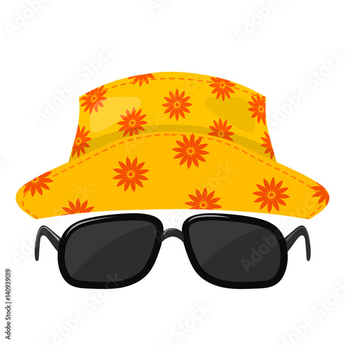 Yellow abstract зanama hat with floral ornament and black sunglasses on a white background. Symbol of summer holiday. stock vector