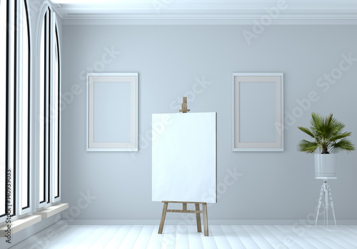 3d illustration of a wooden easel with a blank canvas. Mock up. Artist's Workshop