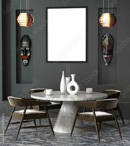 Abstract 3d tribal interior of the cafe with a round table. Mock up with table, chairs, cups, mask and empty frame