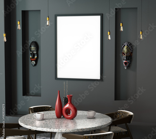 Abstract 3d ethno interior of the cafe with a round table. Mock up with table, chairs, cups, mask and empty frame