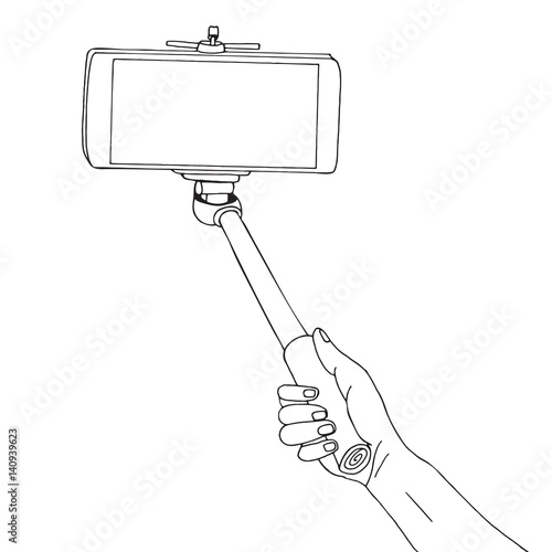 Hand hold monopod with mobile phone.