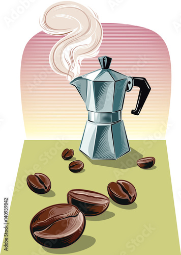 Steaming Italian coffee maker.