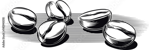 Coffee beans, roasted on a white background.
