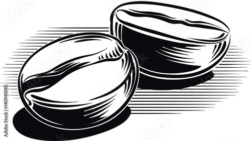 Coffee beans, roasted on a white background.