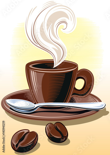 Cup of steaming coffee.