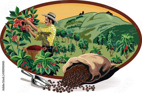 Obraz na płótnie oval frame, with bags of coffee and coffee bin man on a plantation. w salonie