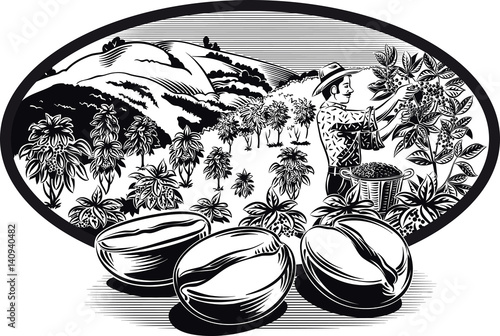 oval frame, with coffee beans and coffee bin man on a plantation.