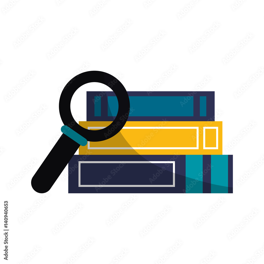stack of books and magnifying glass over white background. colorful design. vector illustration stack of books and magnifying glass over white background. colorful design. vector illustration