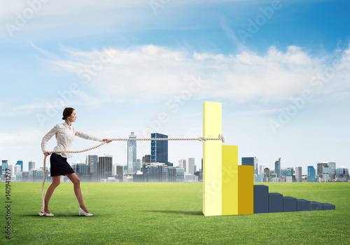 Businesswoman pulling arrow with rope and making it raise up
