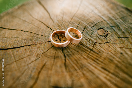 Wedding rings on the wood background