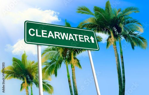 Road sign - Clearwater. Green road sign (signpost) on blue sky background. (3D-Illustration) 