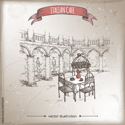 Italian street cafe hand drawn sketch.