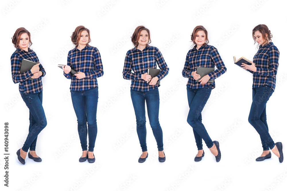 Fototapeta premium Set of Full length portrait of a smiling beautiful woman student holding book isolated on white background