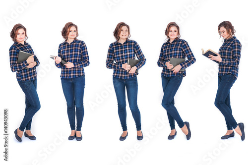 Set of Full length portrait of a smiling beautiful woman student holding book isolated on white background