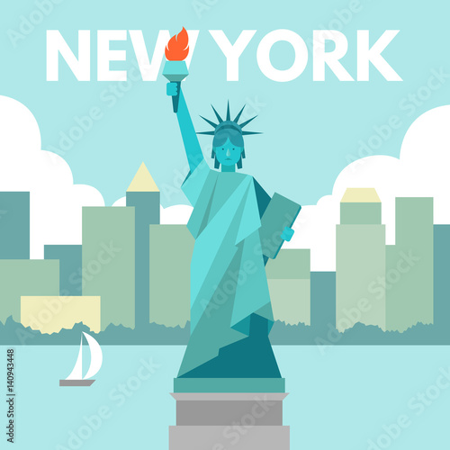 Vector illustration of New York's Lady Liberty landmark and skyline