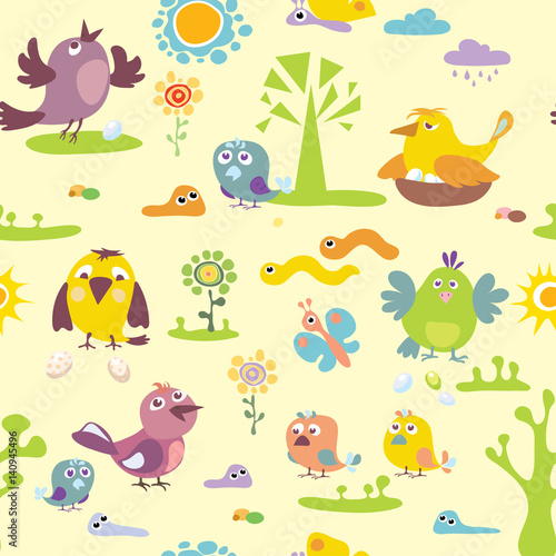 Birds, illustration, pattern, decor, spring, summer