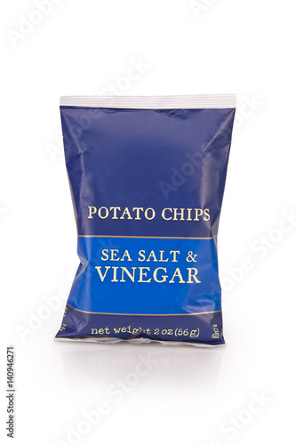 Sea Salt & Vinegar Bag of Potato Chips on White