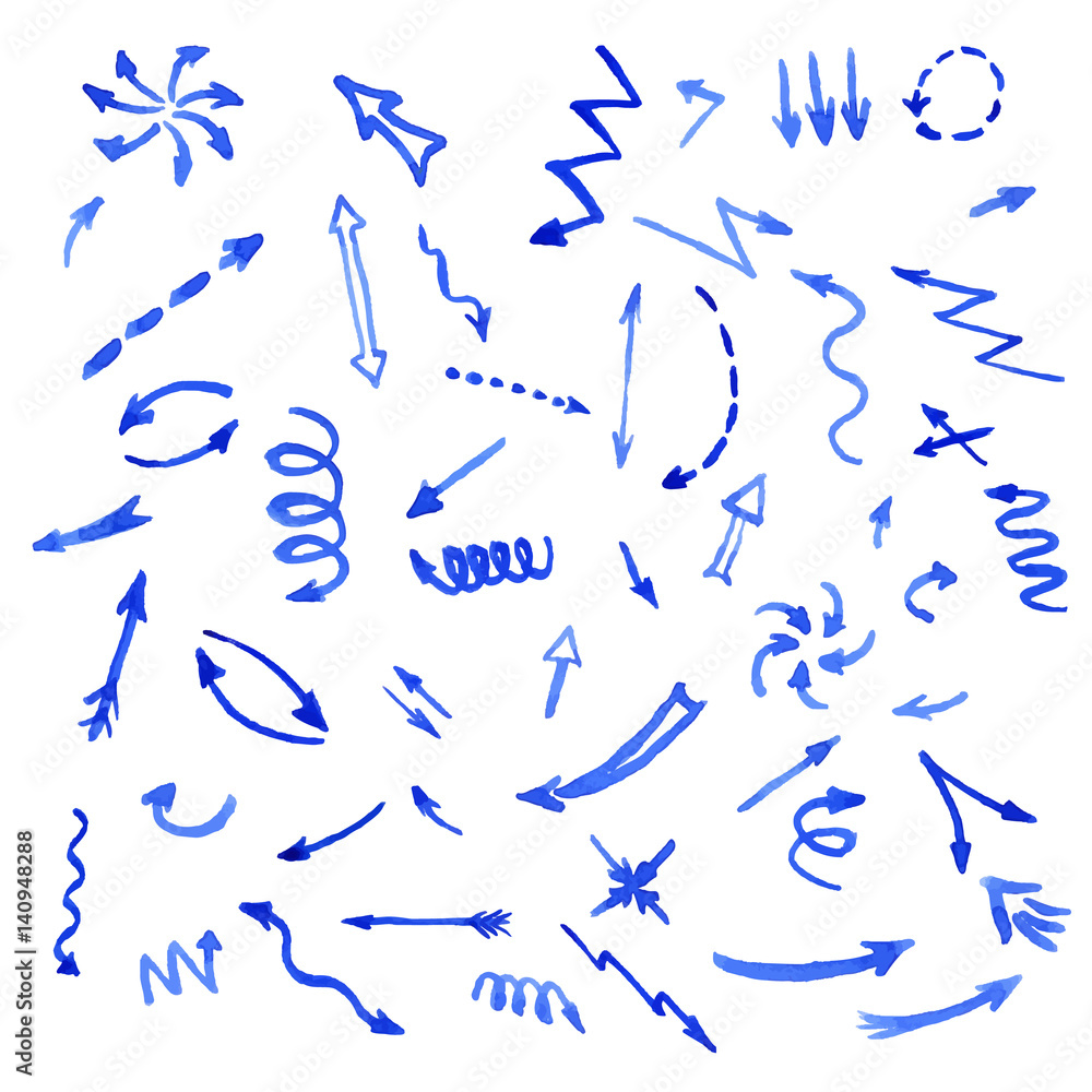 Fototapeta premium Set of blue watercolor arrows