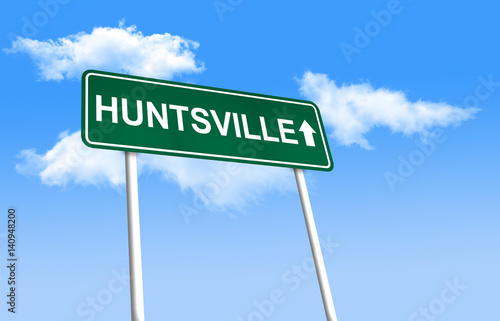 Road sign - Huntsville. Green road sign (signpost) on blue sky background. (3D-Illustration)
