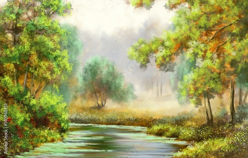 Obraz na płótnie Las, drzewo, rzeka, obrazy krajobrazowe