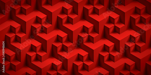 Volume realistic unreal texture, red cubes, 3d geometric pattern, vector design background
