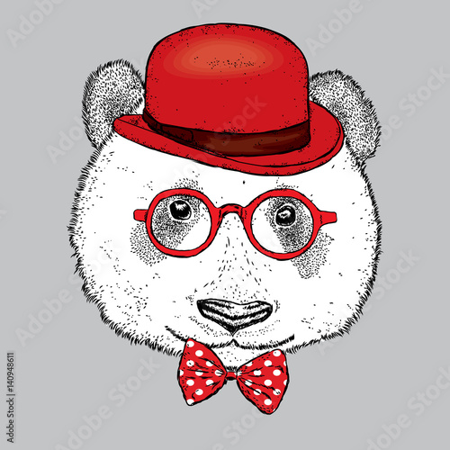 A beautiful panda with a hat, glasses and a tie. Vector illustration. Bear.