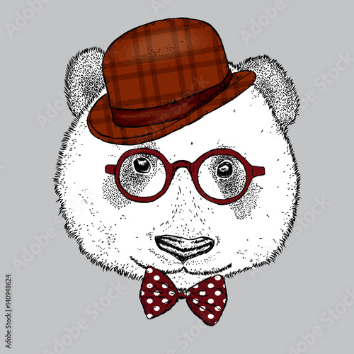 A beautiful panda with a hat, glasses and a tie. Vector illustration. Bear.