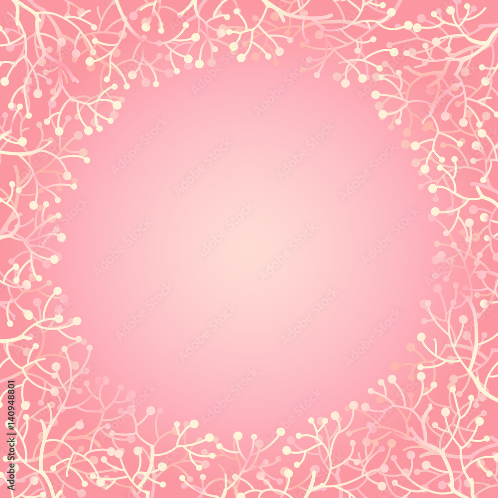 Round frame with abstract branches and berries in soft pink colors. Can be used for greeting cards, weddings and invitations. Vector colored sketch illustration. Round frame with abstract branches and berries in soft pink colors. Can be used for greeting cards, weddings and invitations. Vector colored sketch illustration.