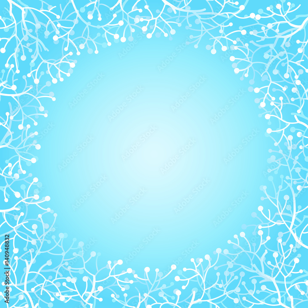 Round frame with abstract branches and berries in soft blue colors. Can be used for greeting cards, weddings and invitations. Vector colored sketch illustration.