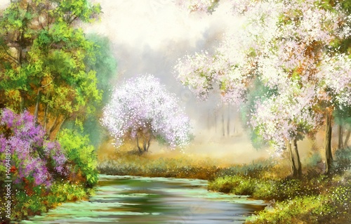 Obraz na płótnie Wiosna, drzewo, rzeka, obrazy krajobrazowe