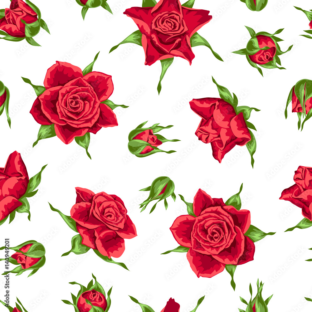 Fototapeta premium Seamless pattern with red roses. Beautiful realistic flowers, buds and leaves