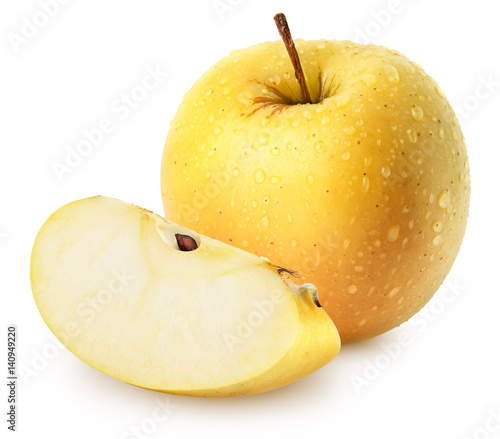 Isolated wet apples. Whole yellow (golden) apple fruit with slice isolated on white, with clipping path photo