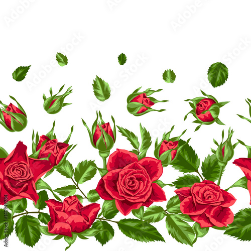 Seamless pattern with red roses. Beautiful realistic flowers  buds and leaves