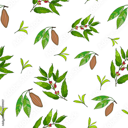 Seamless pattern with coffee, cacao and tea