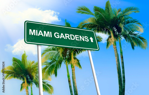 Road sign - Miami Gardens. Green road sign (signpost) on blue sky background. (3D-Illustration)
