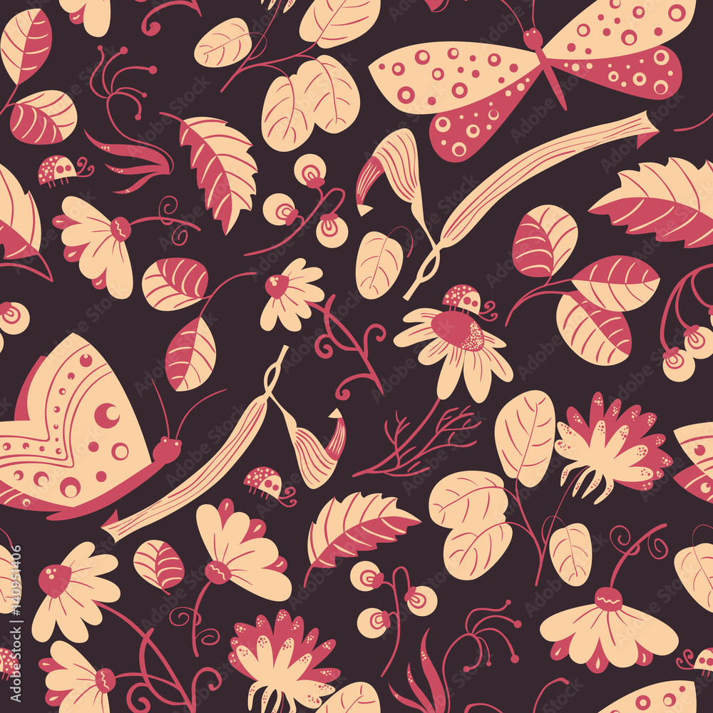 Vector seamless pattern with butterflies, ladybugs, flowers and plants.