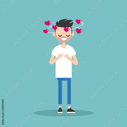Falling in love conceptual illustration. Young bearded man with hearts spinning around his head / flat editable vector illustration, clip art