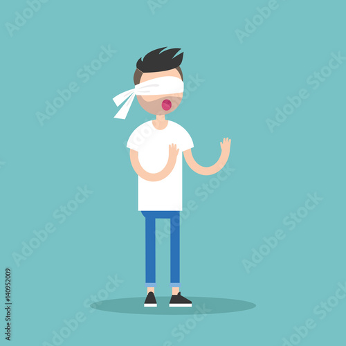 Young blindfolded bearded man trying to find the right direction / flat editable vector illustration, clip art