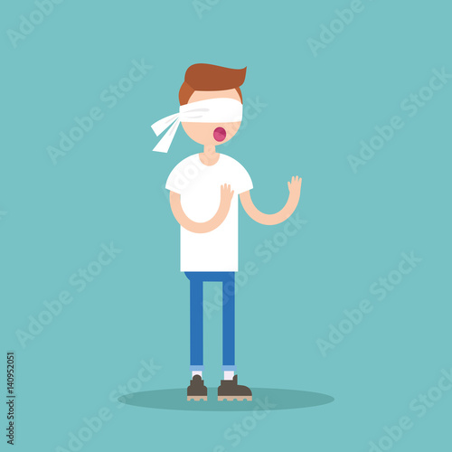 Young blindfolded ginger hair boy trying to find the right direction / flat editable vector illustration, clip art