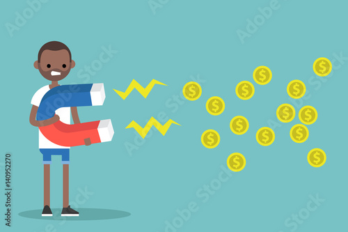 Business concept. Young black man attracting money with a huge magnet / editable flat vector illustration
