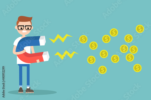 Business concept. Young nerd attracting money with a huge magnet / editable flat vector illustration