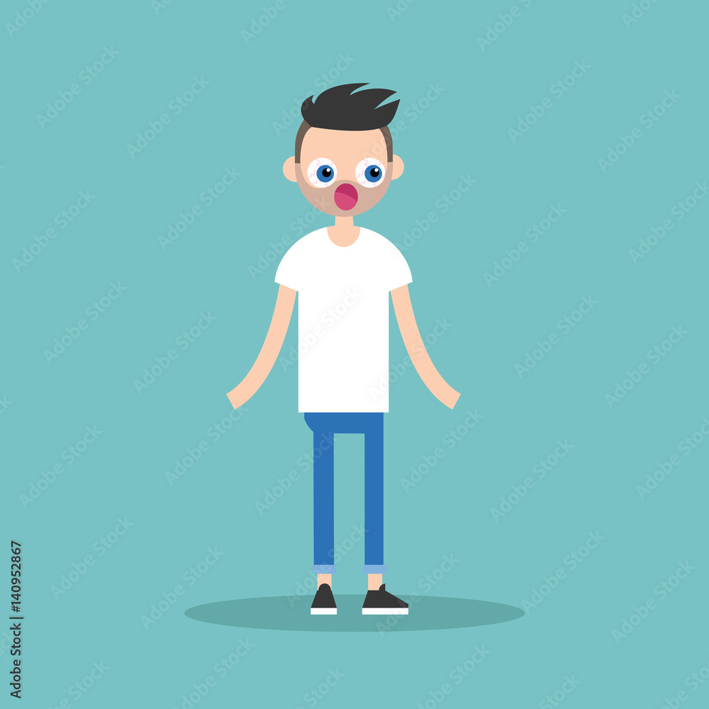 Surprised bearded man standing with protruding eyes and open mouth / flat editable vector illustration