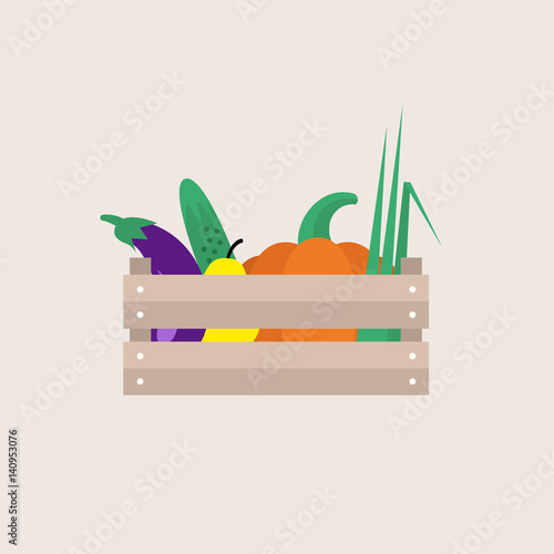 Wooden crate full of fruits and vegetables / editable flat vector illustration, clip art