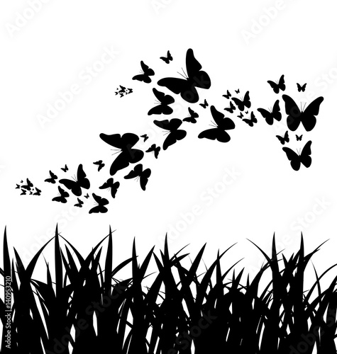 Vector silhouette of grass and flying butterflies