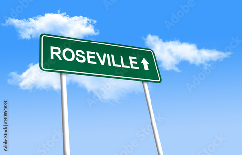 Road sign - Roseville. Green road sign (signpost) on blue sky background. (3D-Illustration)
