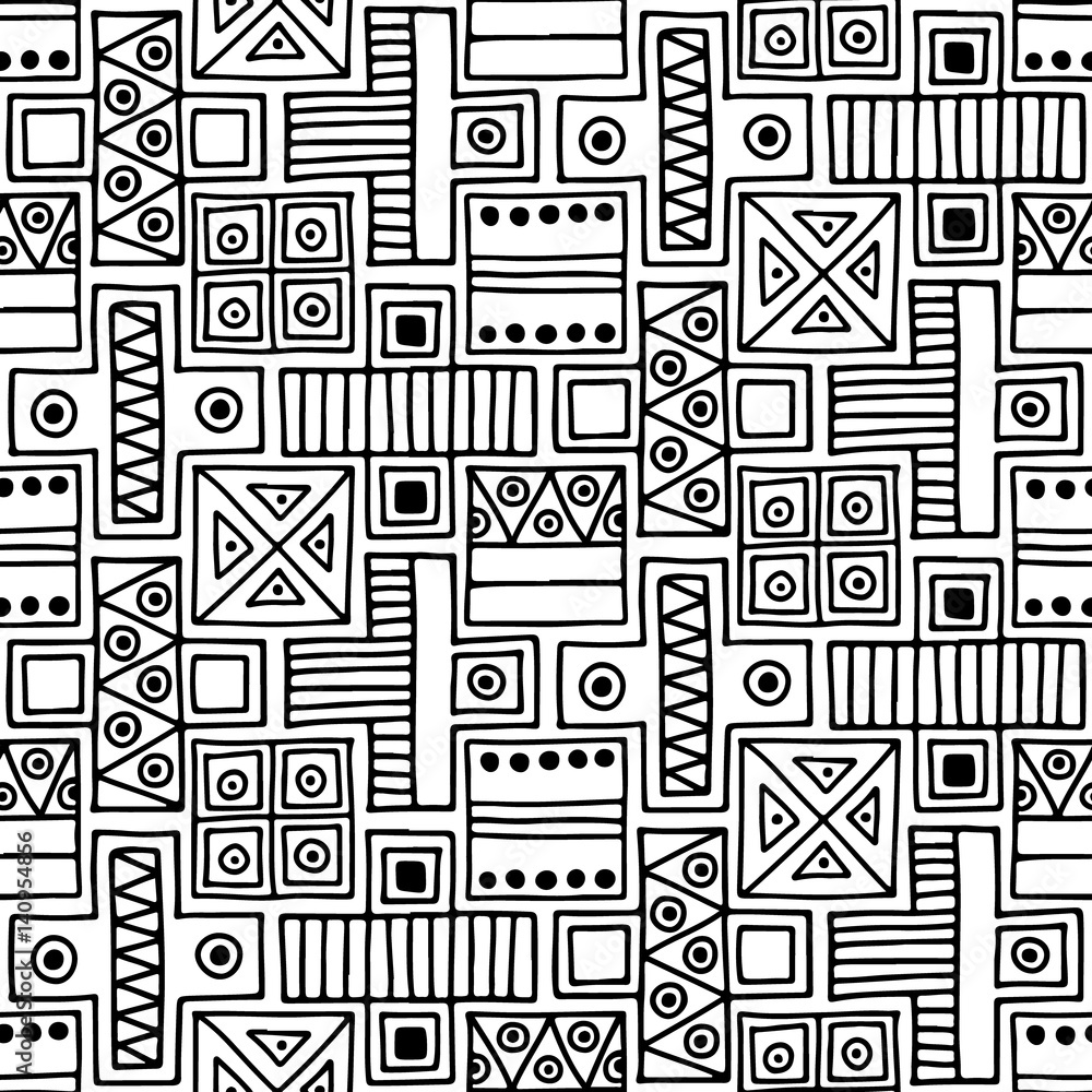 Seamless vector pattern. Black and white geometrical background with hand drawn decorative tribal elements. Print with ethnic, folk, traditional motifs. Graphic vector illustration. Seamless vector pattern. Black and white geometrical background with hand drawn decorative tribal elements. Print with ethnic, folk, traditional motifs. Graphic vector illustration.