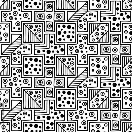 Seamless vector pattern. Black and white geometrical background with hand drawn decorative tribal elements. Print with ethnic, folk, traditional motifs. Graphic vector illustration.