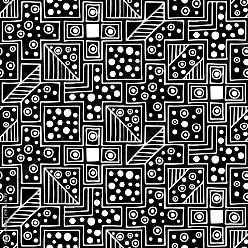 Seamless vector pattern. Black and white geometrical background with hand drawn decorative tribal elements. Print with ethnic, folk, traditional motifs. Graphic vector illustration.