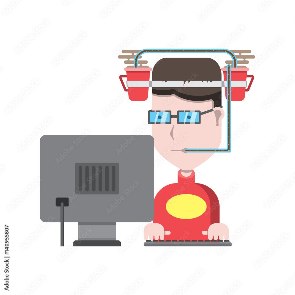 Cup with coffee on the head,drink with a tubule, free hands,programmer and coffee,man wearing spectacles and tea,computer monitor,vector image, flat design Cup with coffee on the head,drink with a tubule, free hands,programmer and coffee,man wearing spectacles and tea,computer monitor,vector image, flat design